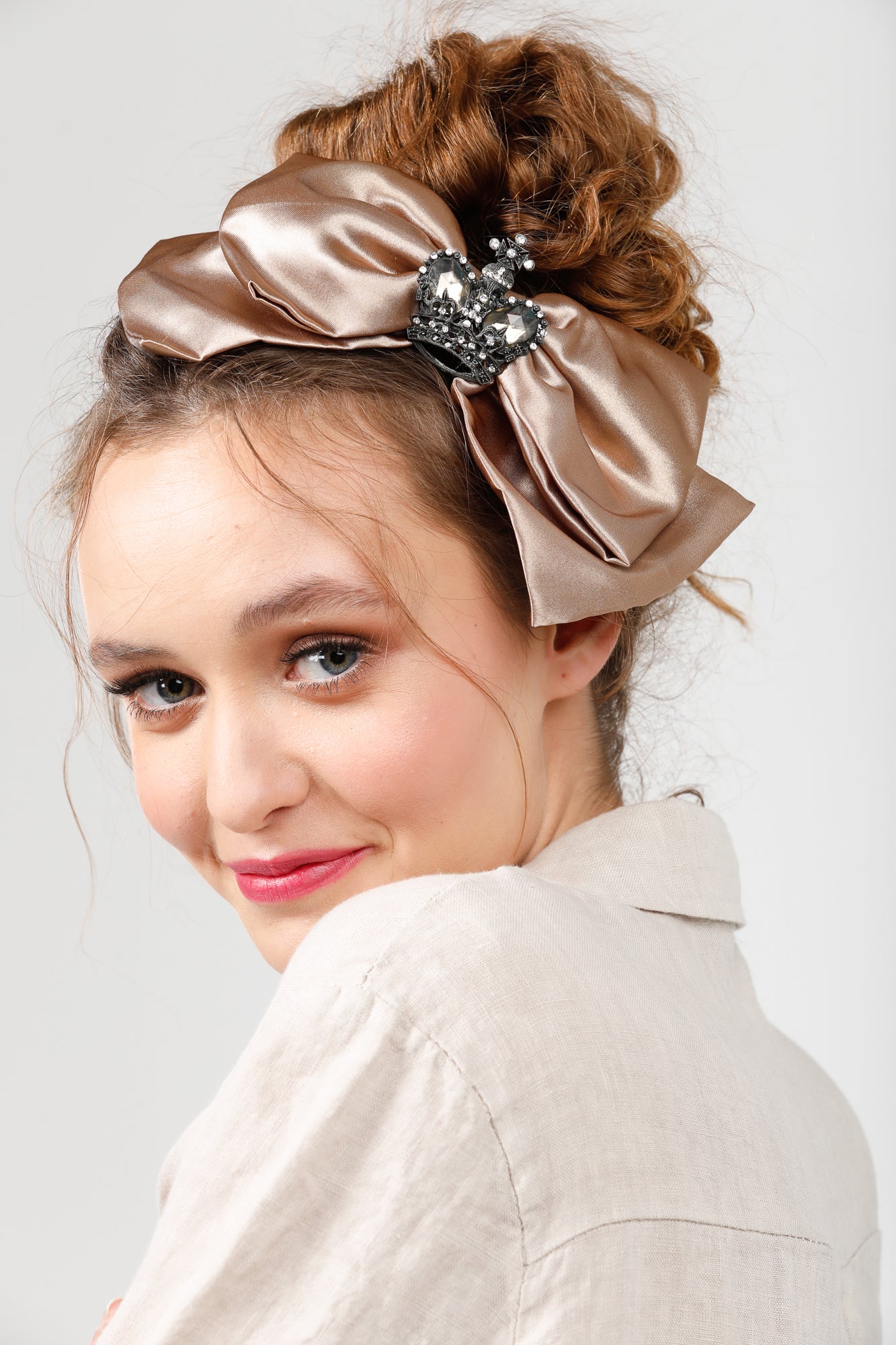 Satin Bow headband with Vintage crown . Antique Coffee