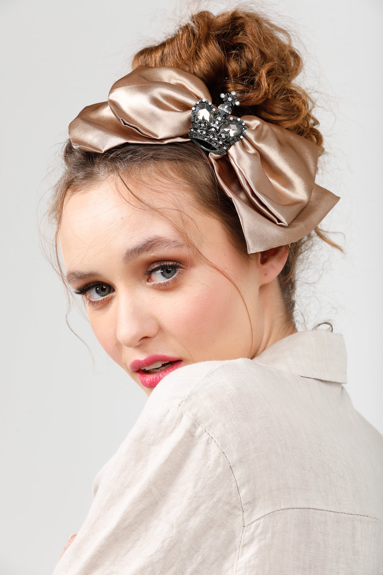 Satin Bow headband with Vintage crown . Antique Coffee