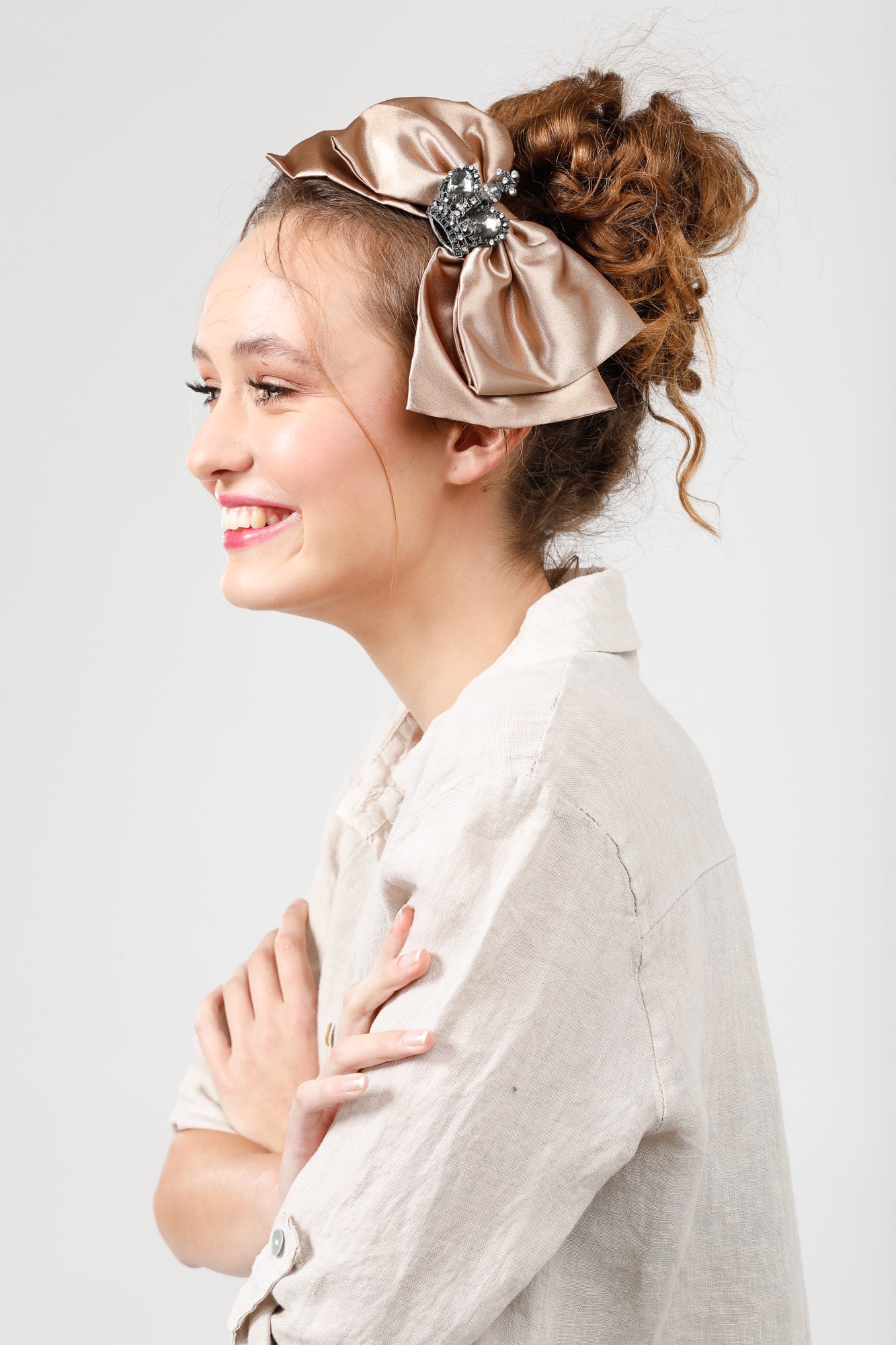 Satin Bow headband with Vintage crown . Antique Coffee