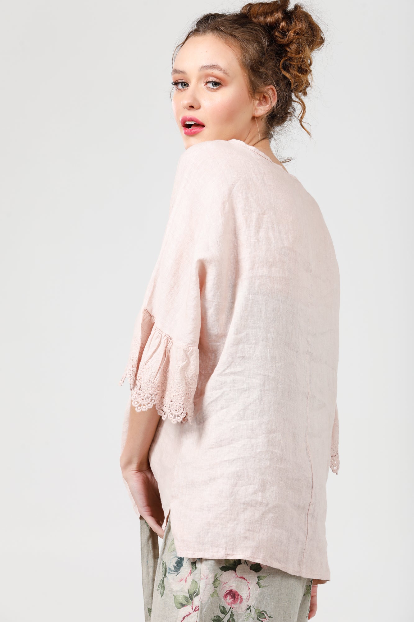 Ellie lace ruffled sleeve top. Pale pink