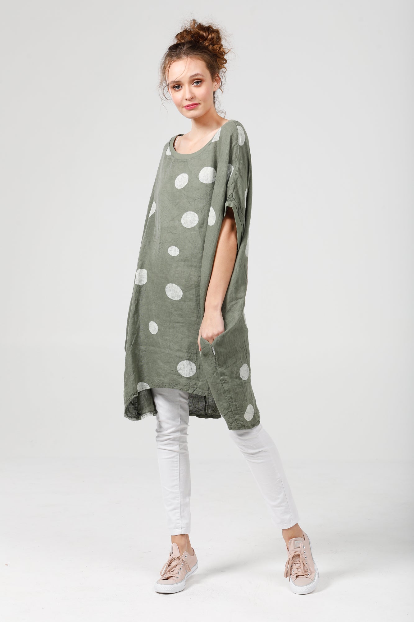 Rosabella linen dress. olive green polka dot