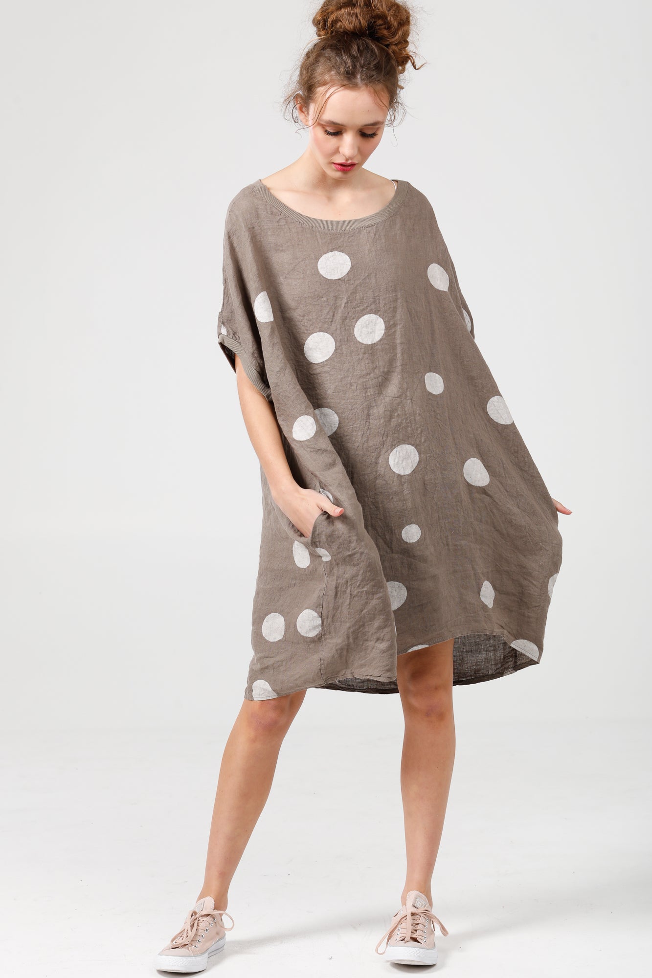 Rosabella linen dress. cocoa brown Polka dot.