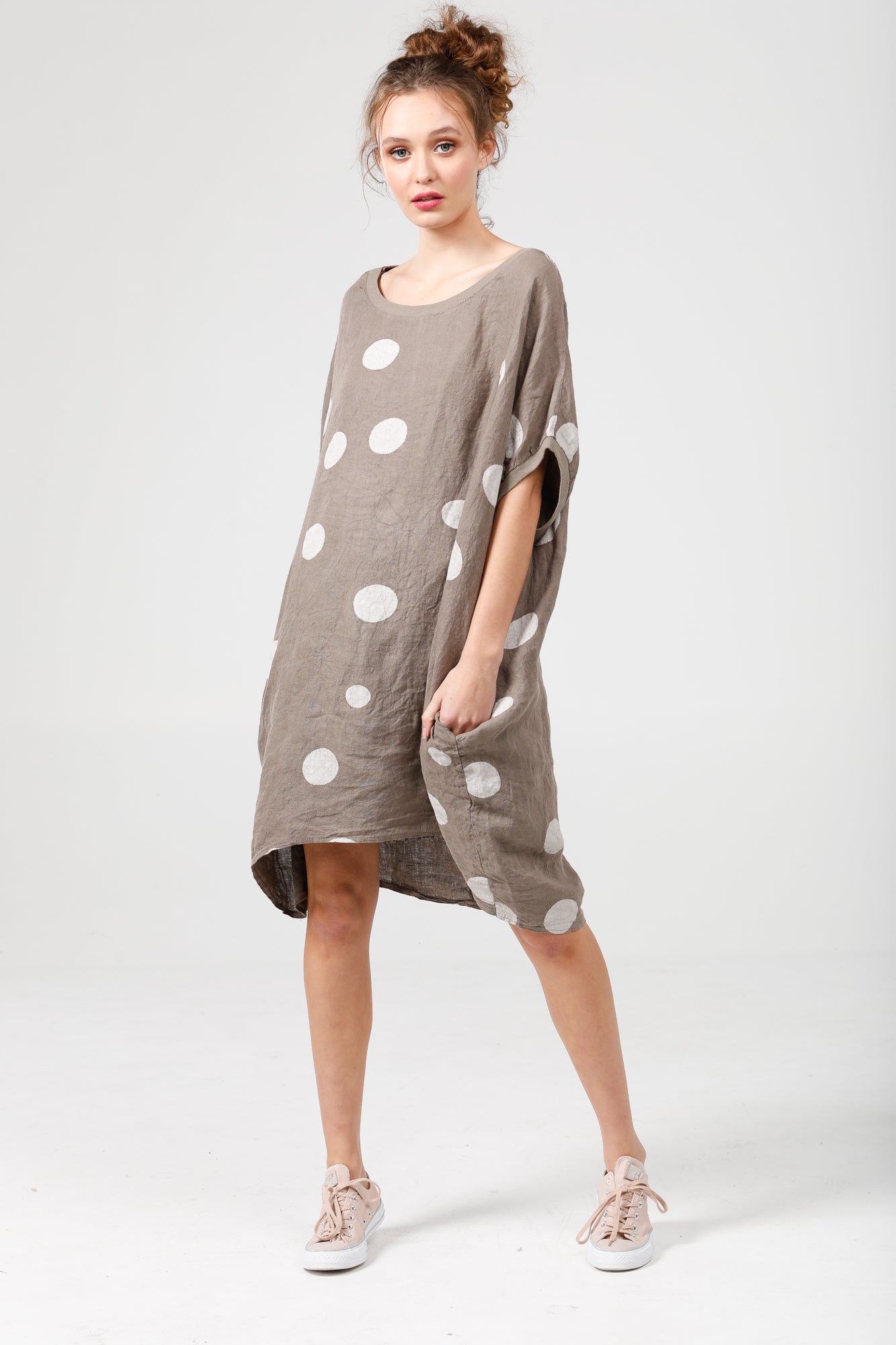 Rosabella linen dress. cocoa brown Polka dot.