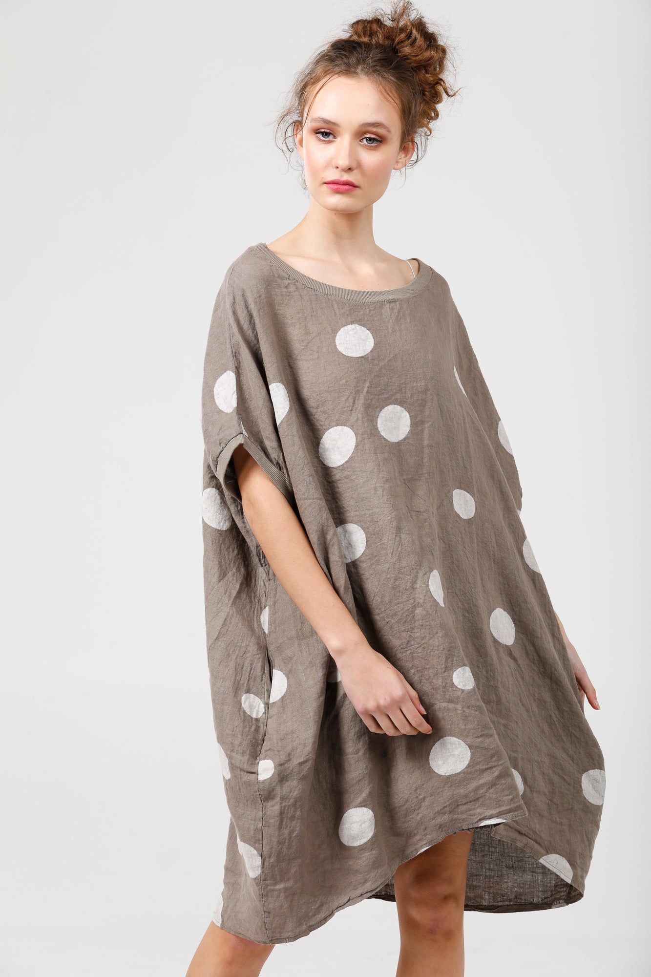 Rosabella linen dress. cocoa brown Polka dot.