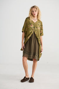 Abigail Floral linen coatdress . Avocado green