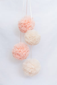 Tulle Pom Pom Garland Bunting 9 balls., Tea Rose & Vanilla Cream.