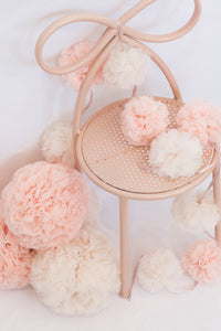 Tulle Pom Pom Garland Bunting 9 balls., Tea Rose & Vanilla Cream.
