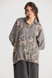 Teddie Floral linen shirt. Charcoal Rose