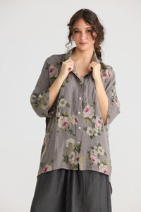 Teddie Floral linen shirt. Charcoal Rose