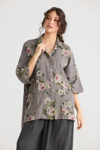 Teddie Floral linen shirt. Charcoal Rose