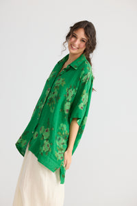 Teddie Floral Linen shirt. Jade Green