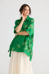 Teddie Floral Linen shirt. Jade Green
