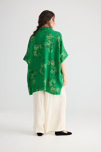 Teddie Floral Linen shirt. Jade Green