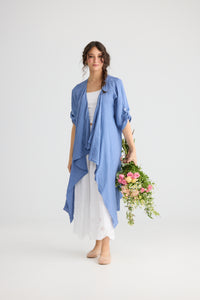 Sabine long linen duster coat. Denim Blue