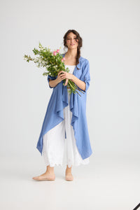 Sabine long linen duster coat. Denim Blue