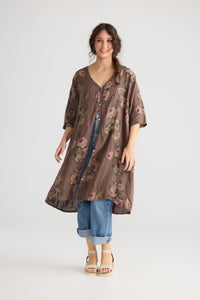 Abigail floral linen coatdress. Smoke