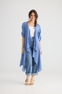 Sabine long linen duster coat. Denim Blue