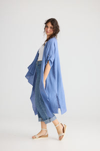 Sabine long linen duster coat. Denim Blue
