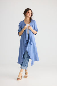 Sabine long linen duster coat. Denim Blue