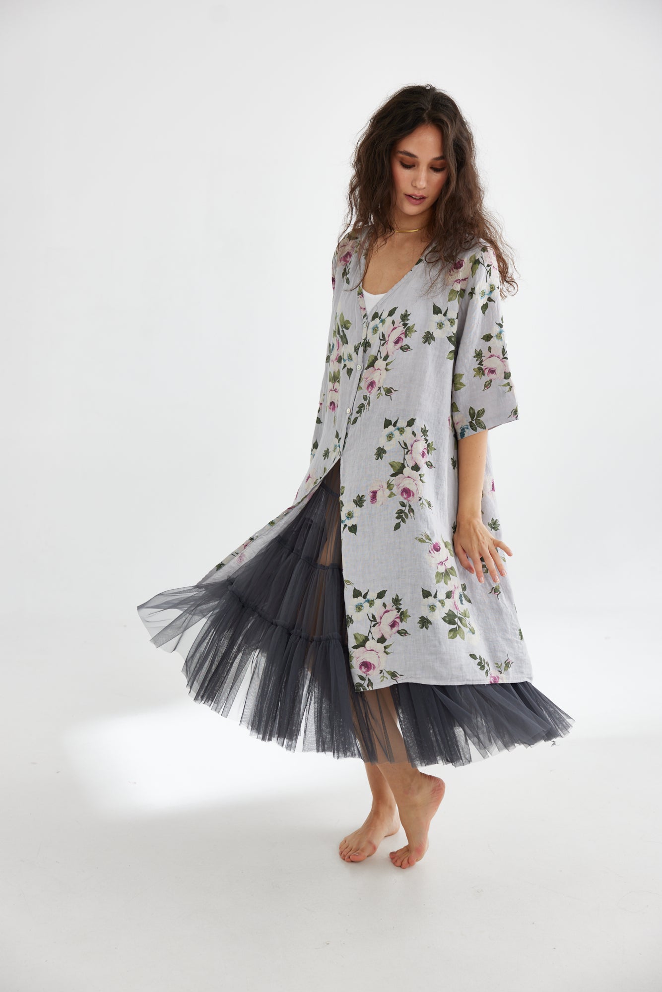 Abigail floral linen coatdress.  Dove Grey