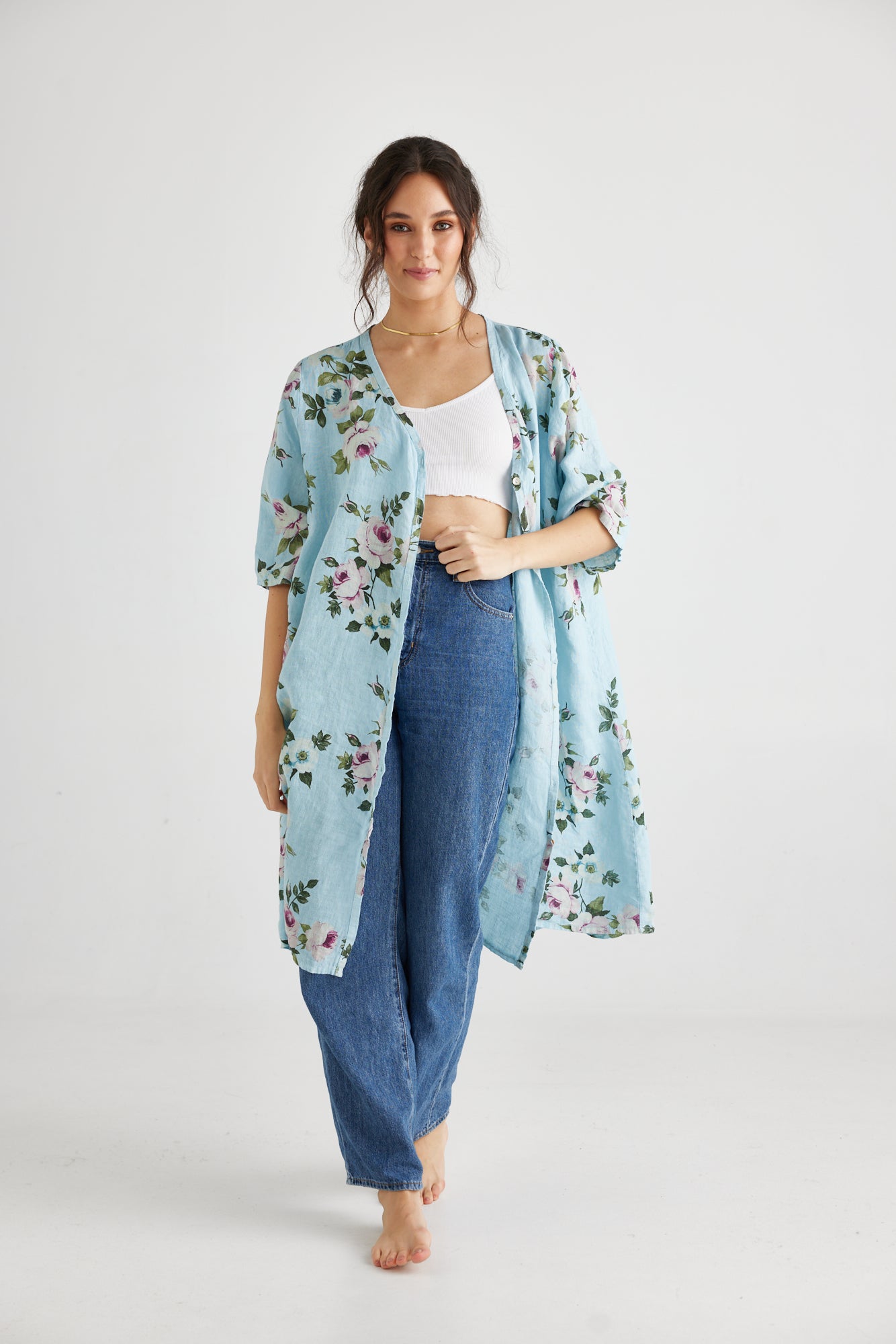 Abigail Floral linen coatdress  Powder Blue.