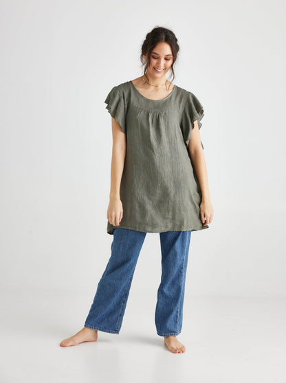 Bella Linen Top. Khaki