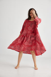 Clarissa floral linen dress . Red Rose