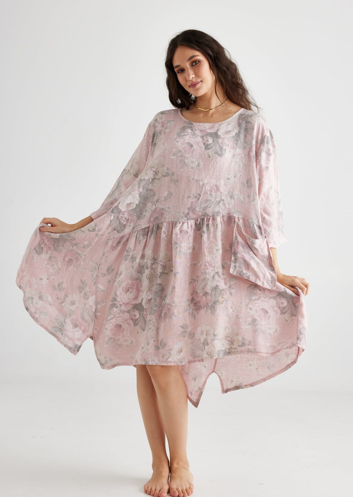 Clarissa linen dress. Pink Tearose Floral