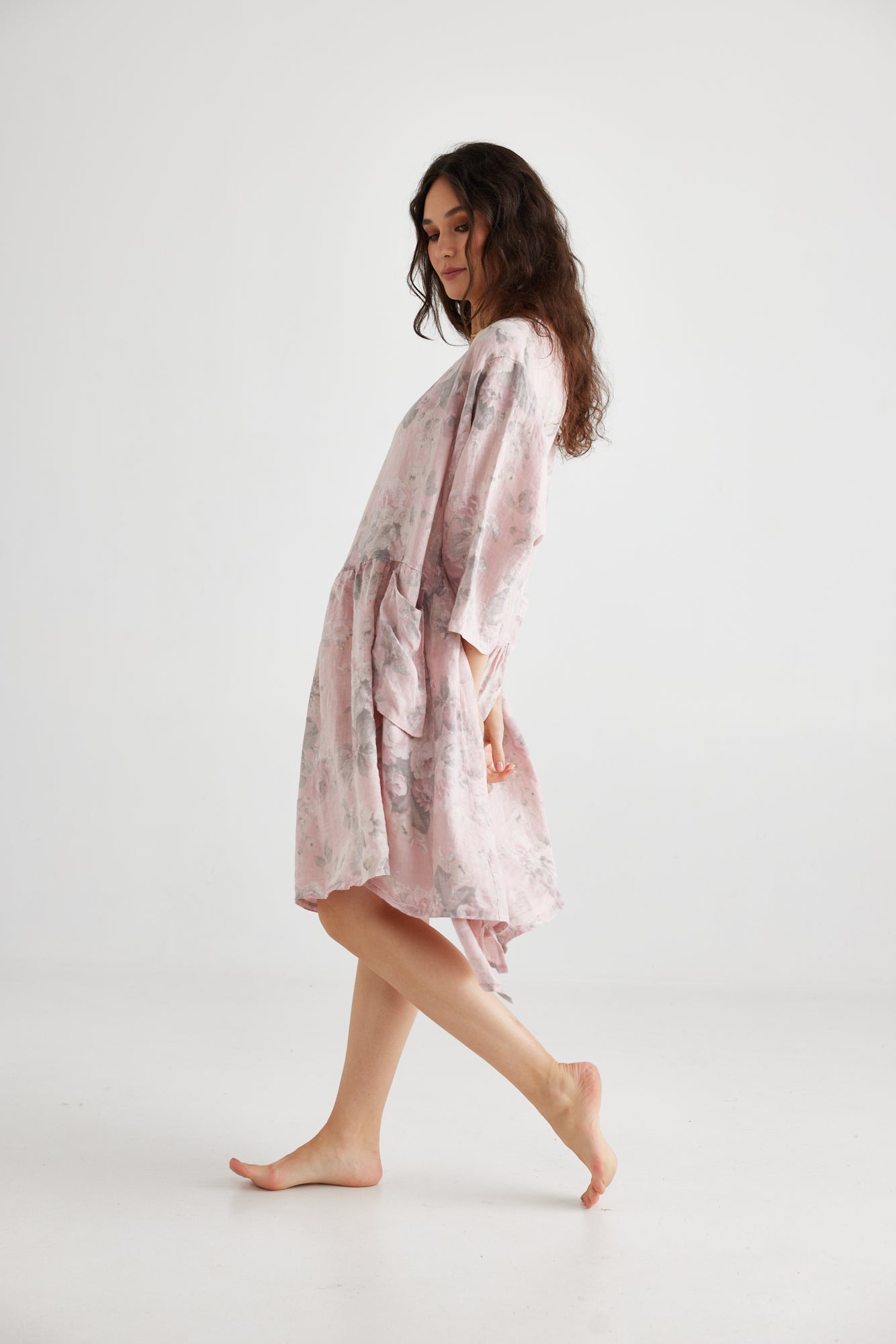 Clarissa linen dress. Pink Tearose Floral