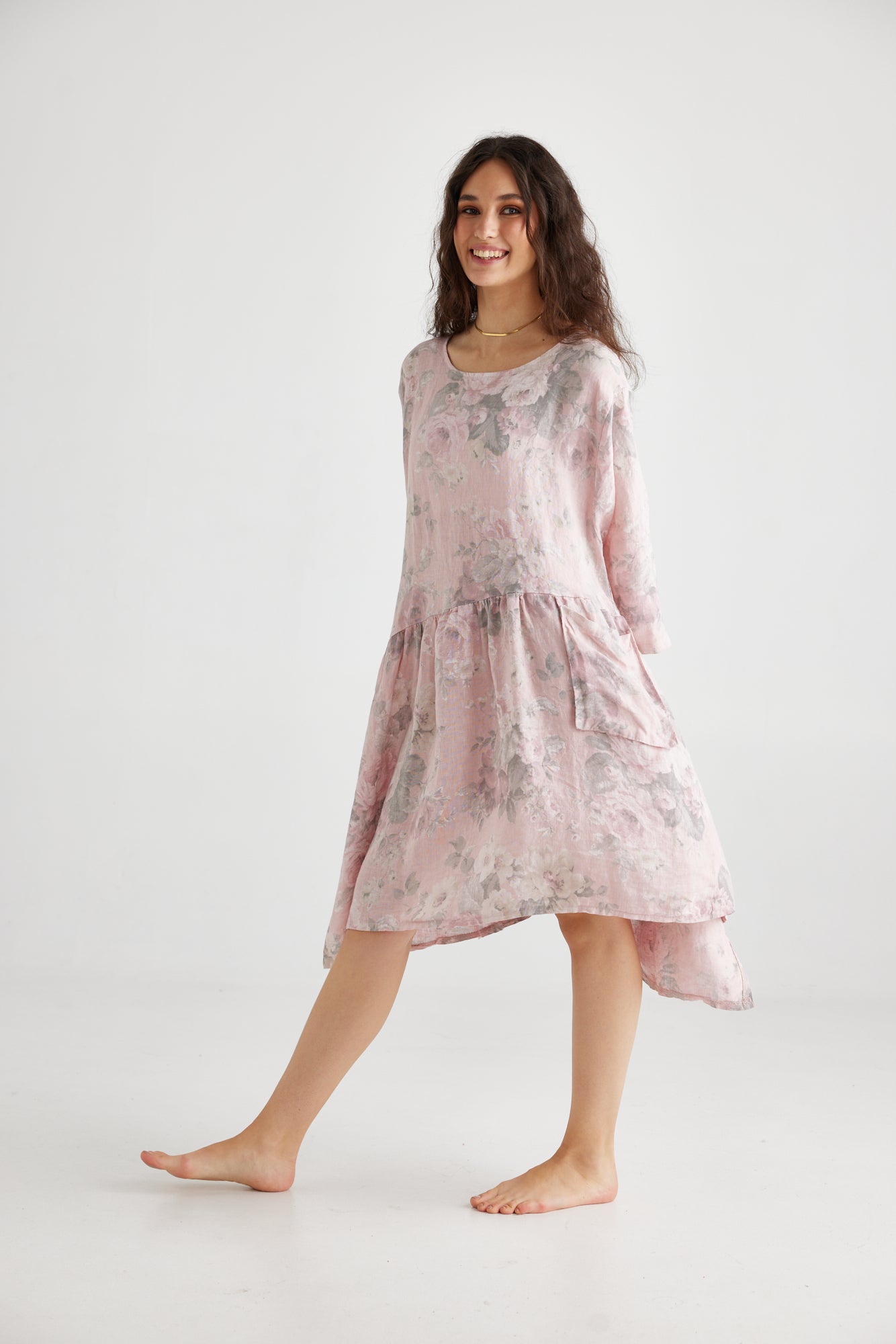 Clarissa linen dress. Pink Tearose Floral