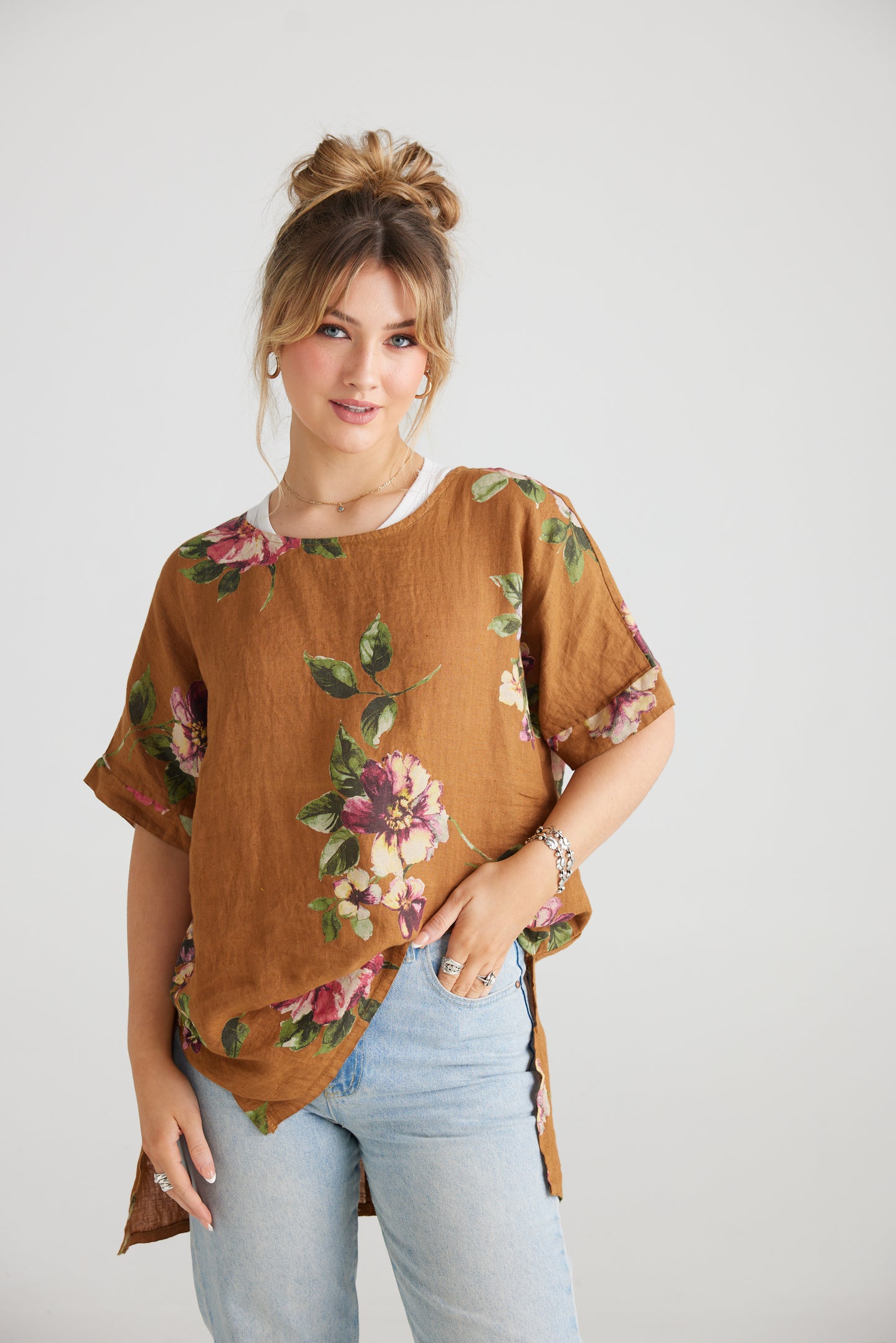 Contessa Linen top. Tobacco floral