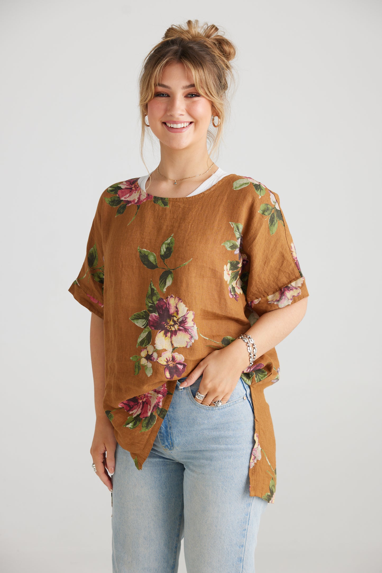 Contessa Linen top. Tobacco floral