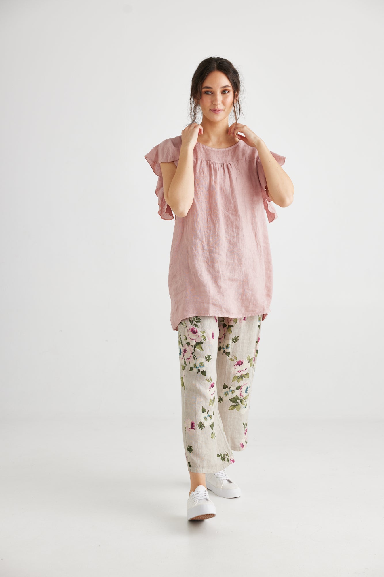 Bella linen ruffle sleeve top. Antique Rose