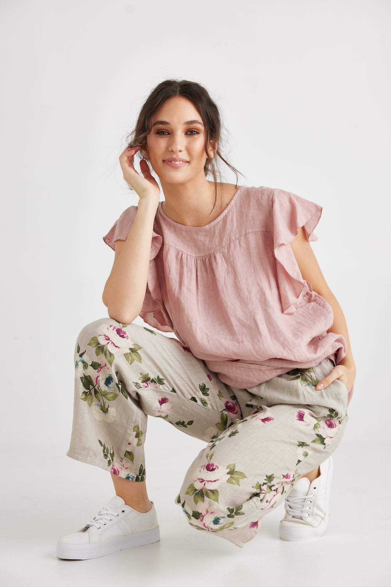 Linen ruffle top sales
