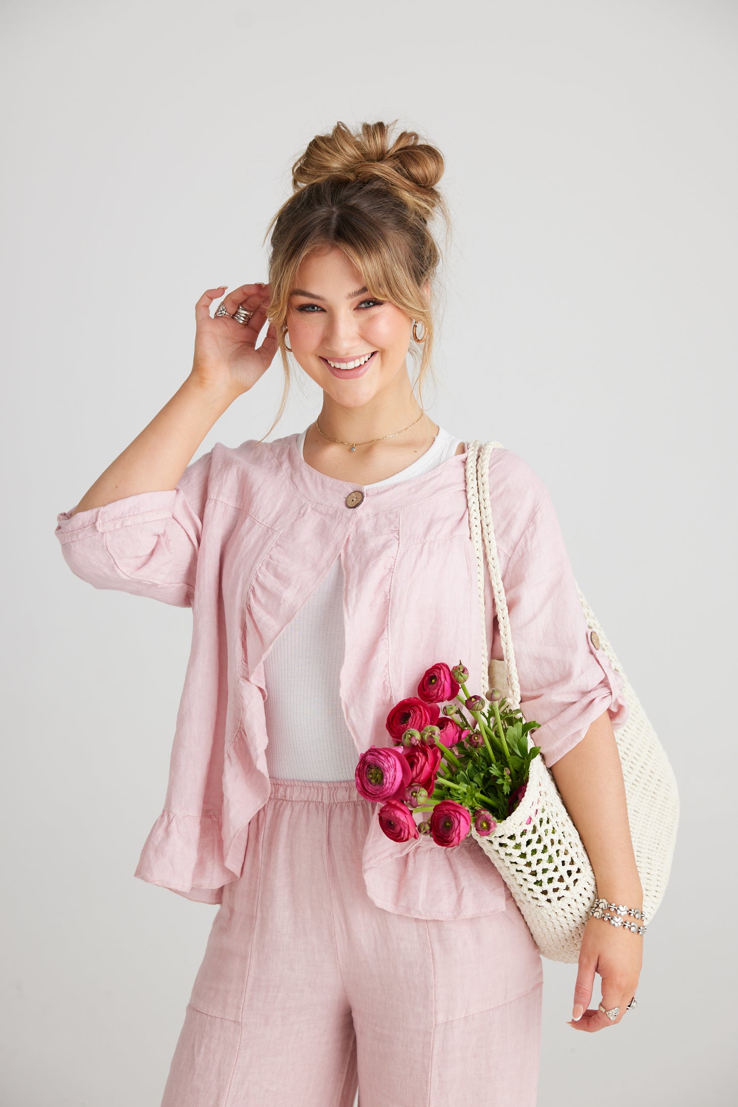 Fifi Linen Jacket. Pale Tearose