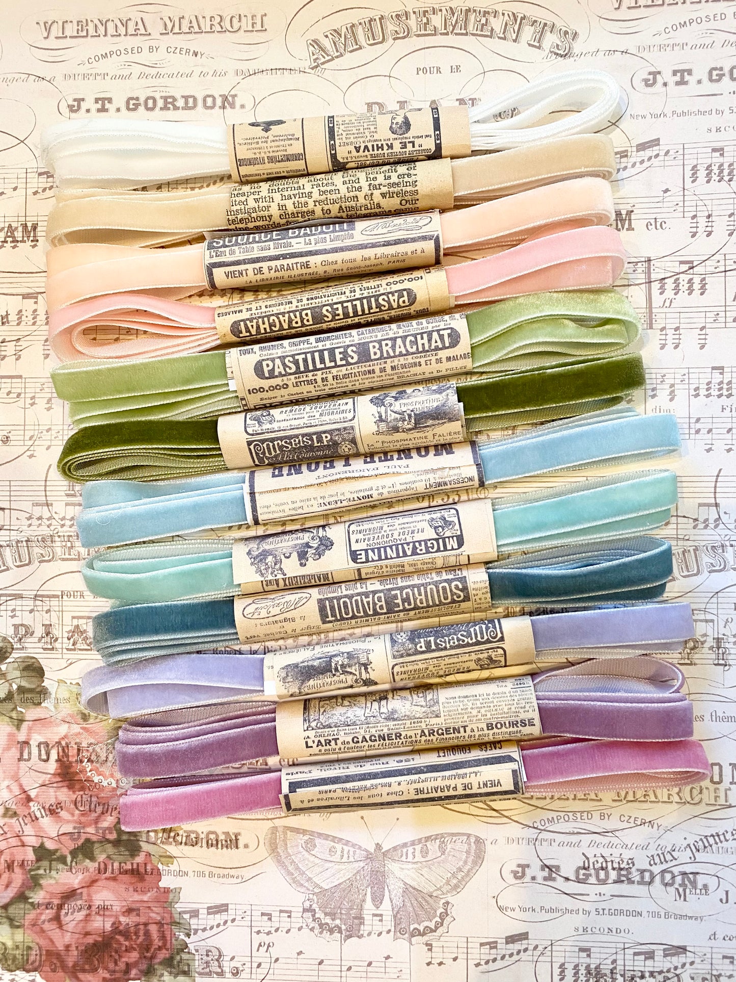 The French Pastille Collection of 13 Velvet ribbons.