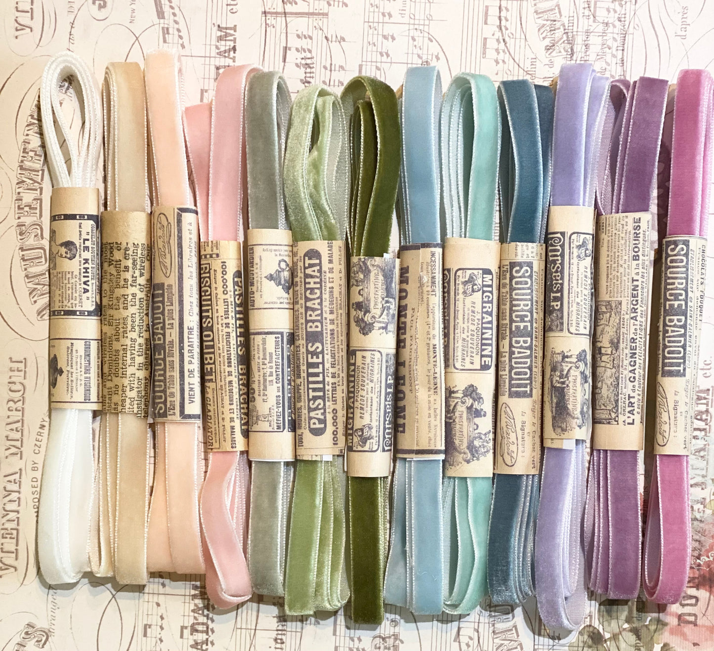 The French Pastille Collection of 13 Velvet ribbons.