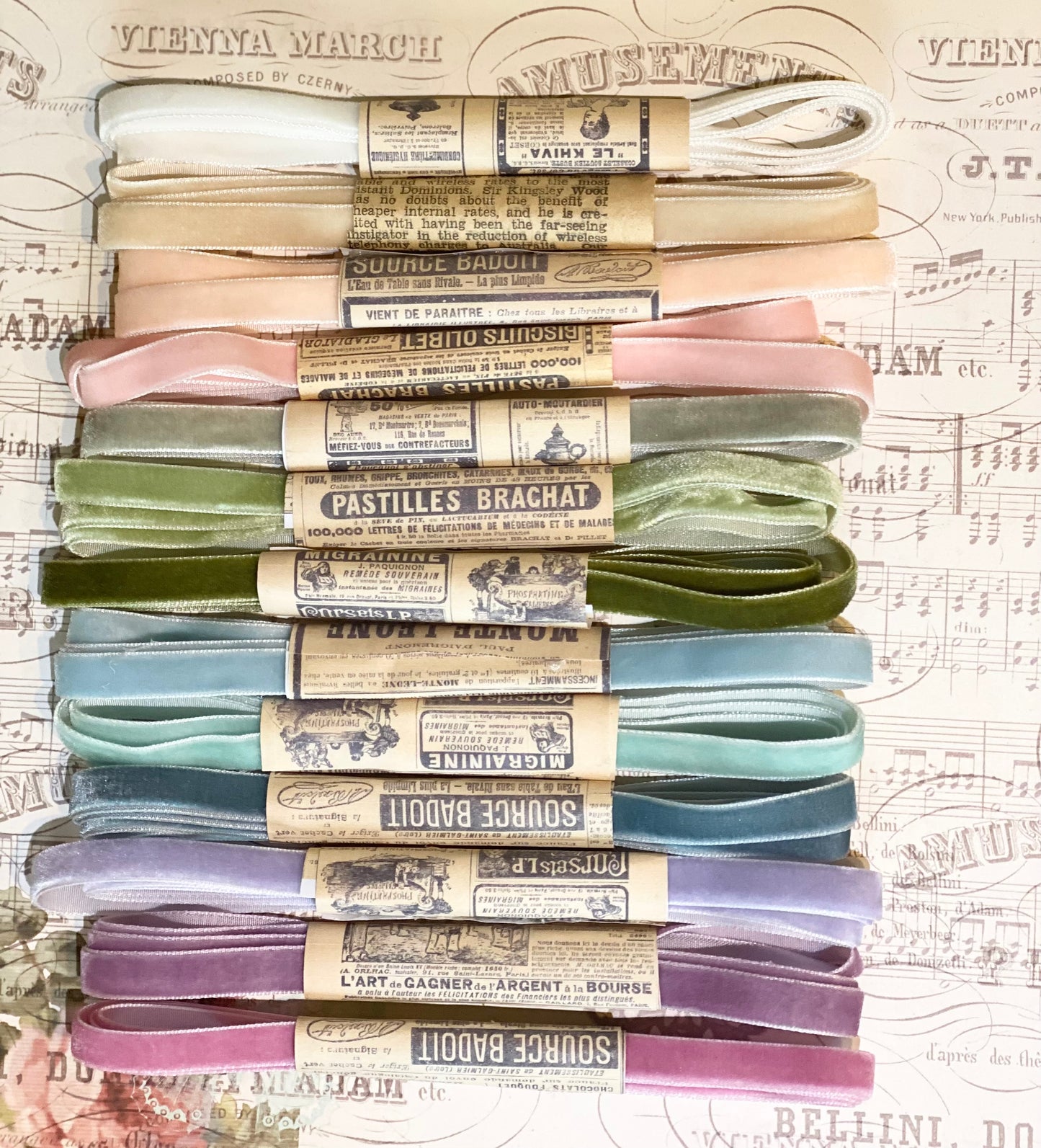 The French Pastille Collection of 13 Velvet ribbons.