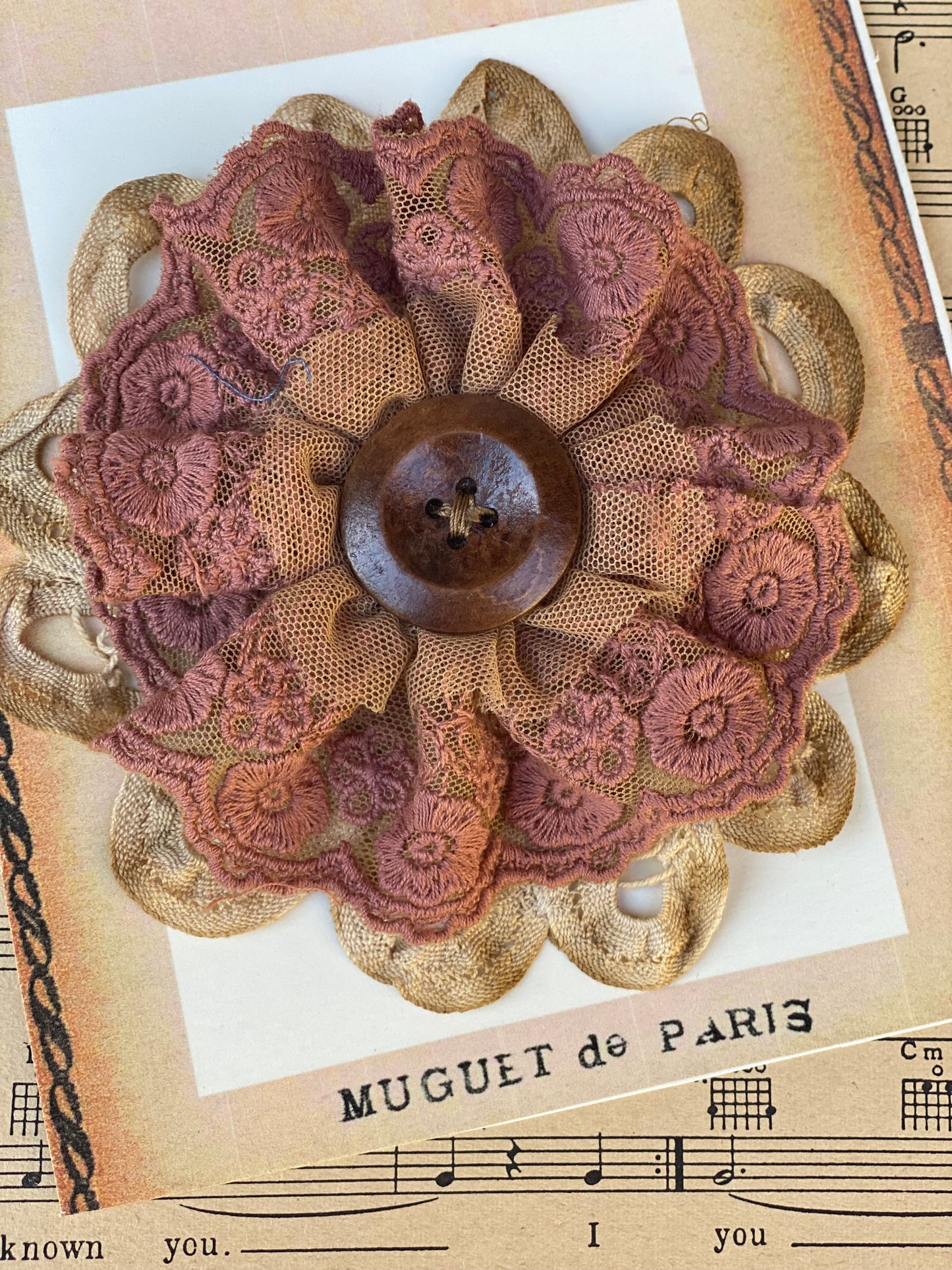 Coffee and Maple Syrup lace flower pin.