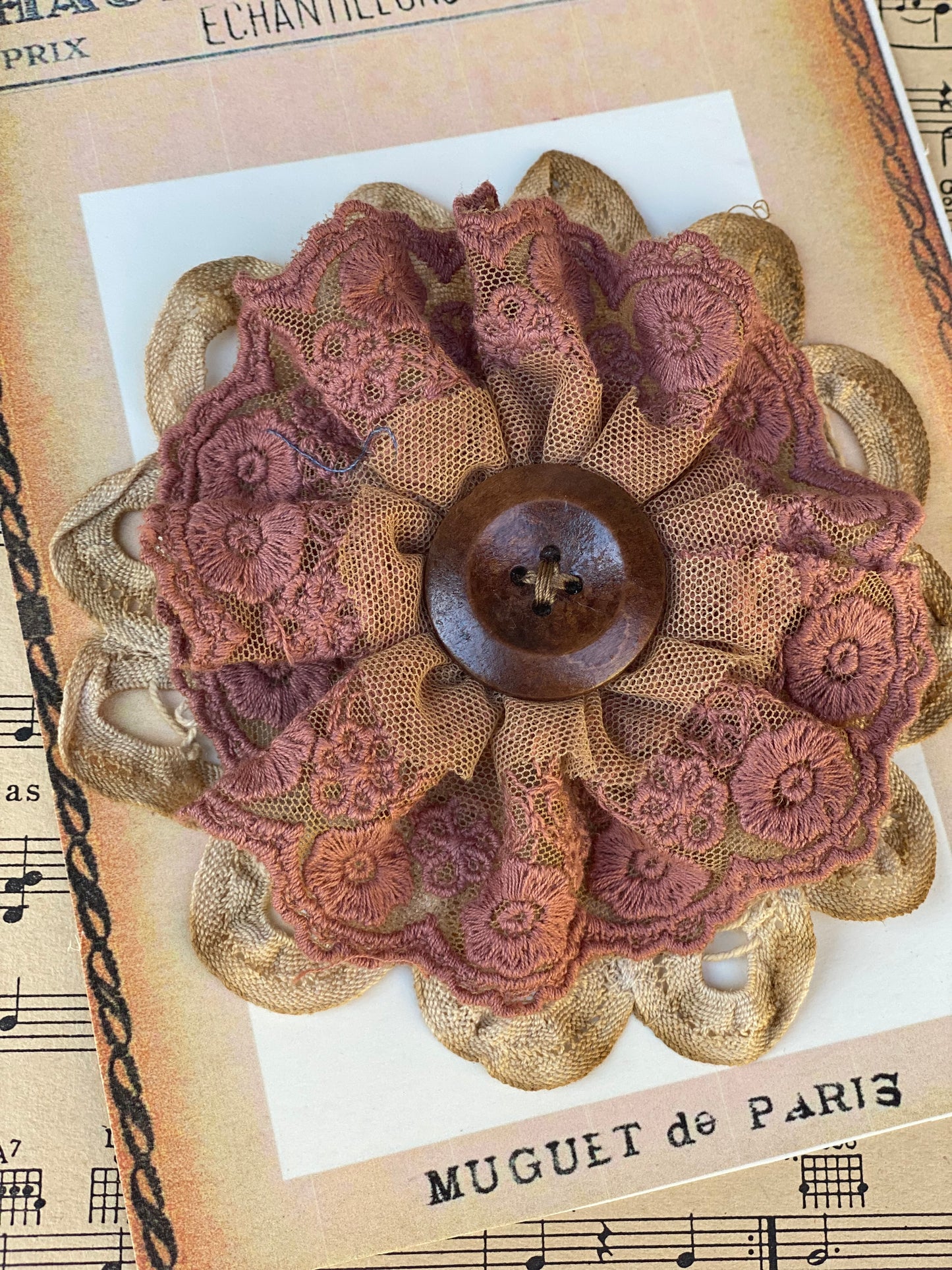 Coffee and Maple Syrup lace flower pin.