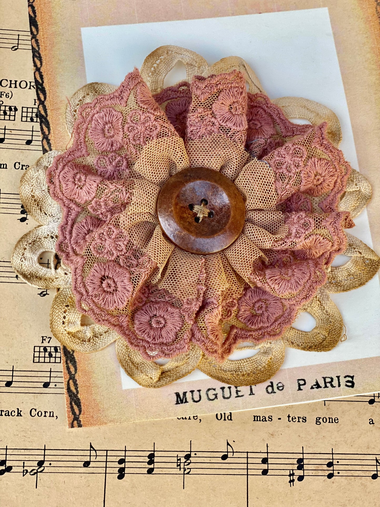 Coffee and Maple Syrup lace flower pin.