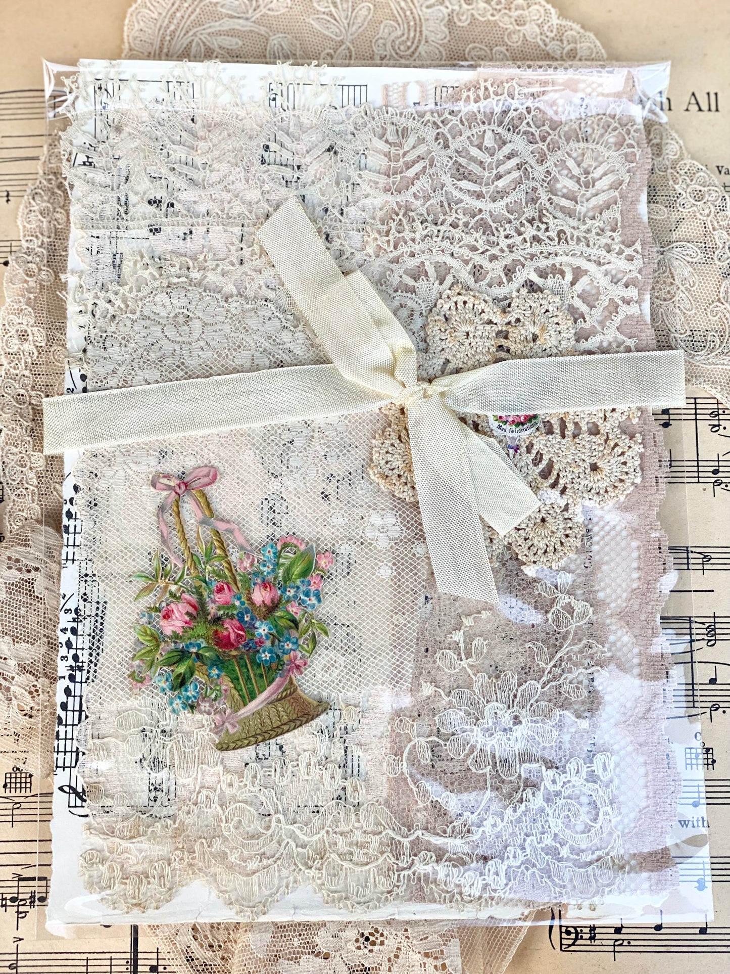 Exquisite antique lace and ephemera collection pack. Basket & lace