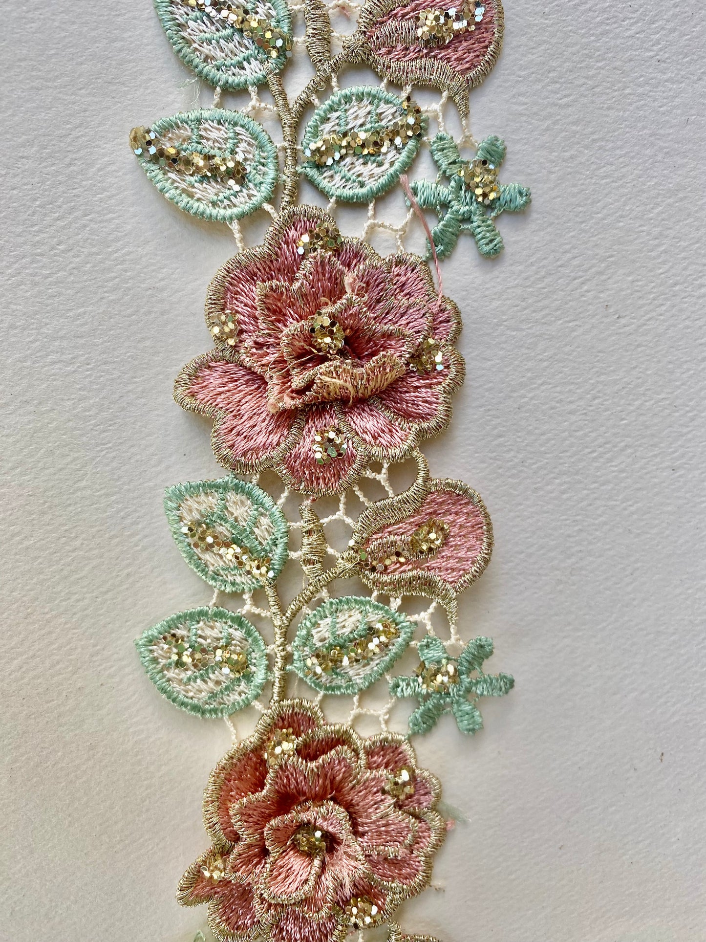 Rose and Leaf lace trim. Dusty Pink & Gold Thread