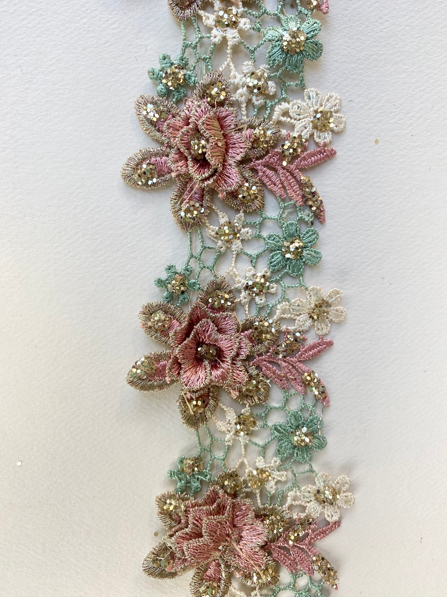 Rose and Daisy lace. Dusty Pink, Aqua and Gold Thread