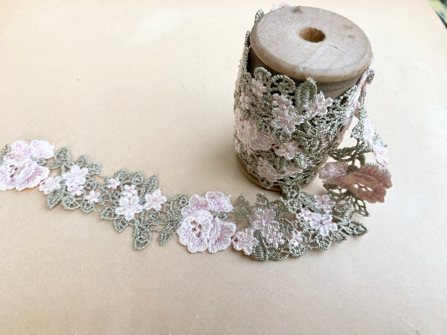 Wooden vintage spool with rose garland lace. Pale Pink & pale olive