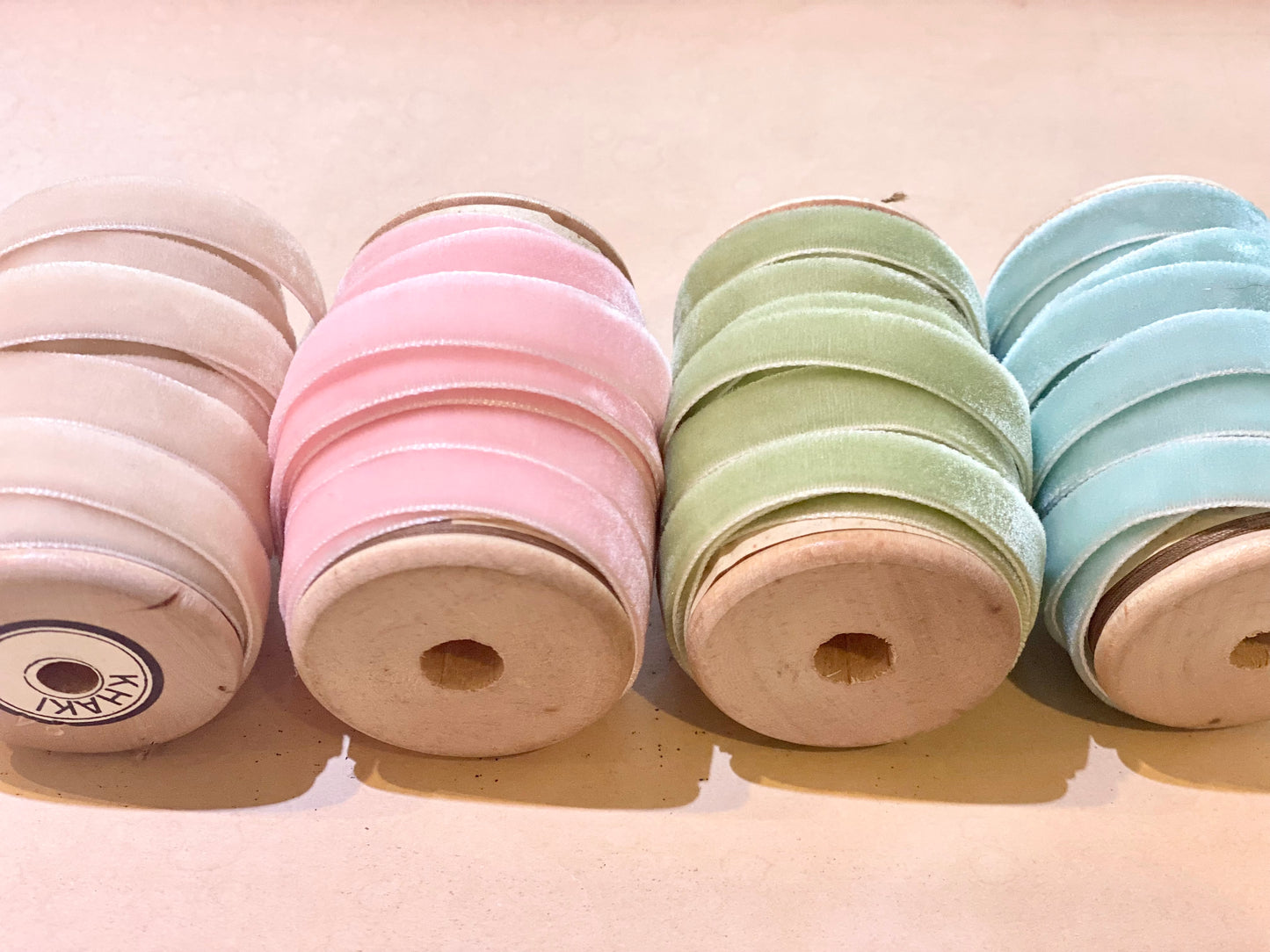 Pastel Palace collection of velvet ribbon on vintage spools.