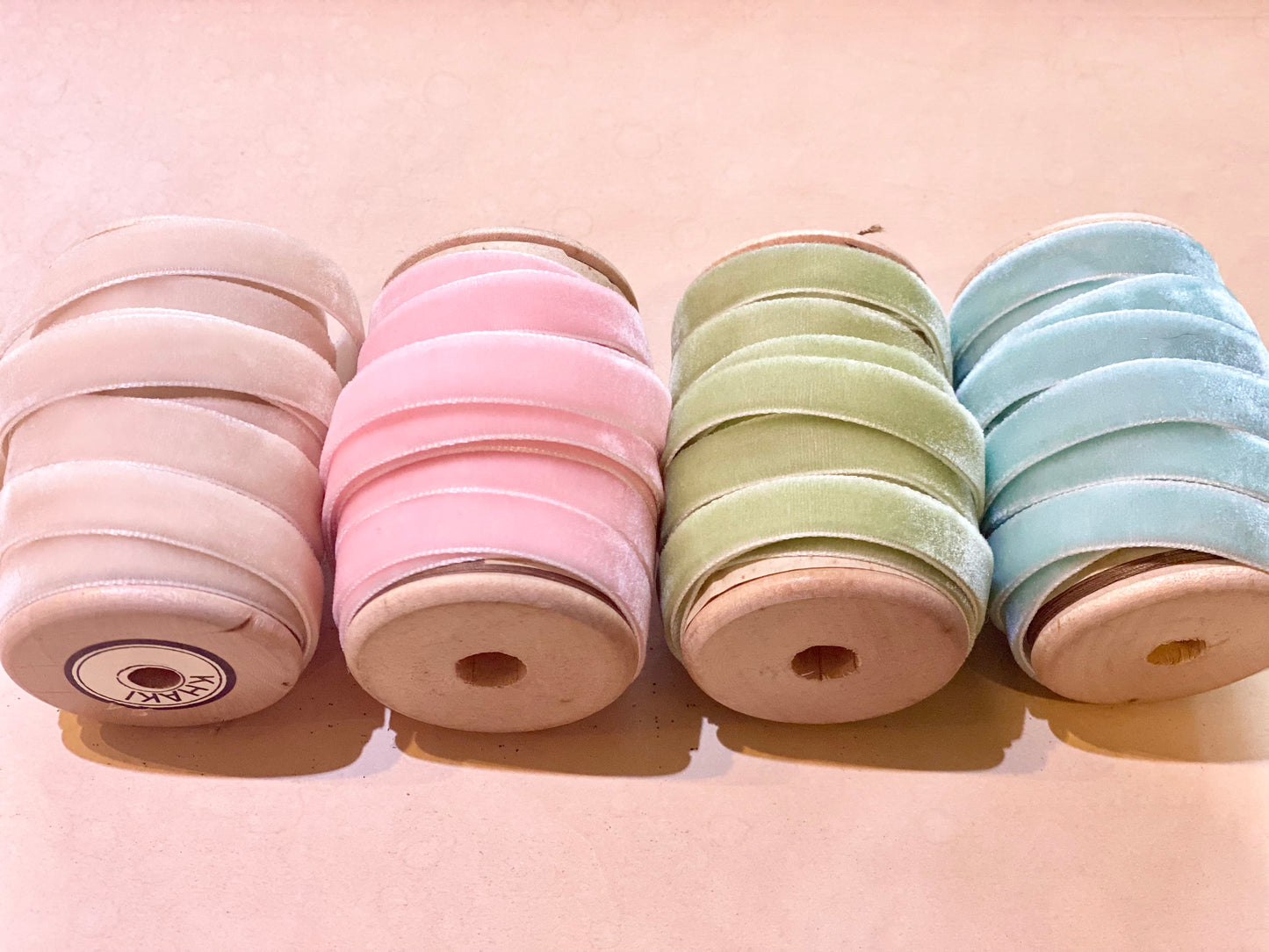 Pastel Palace collection of velvet ribbon on vintage spools.