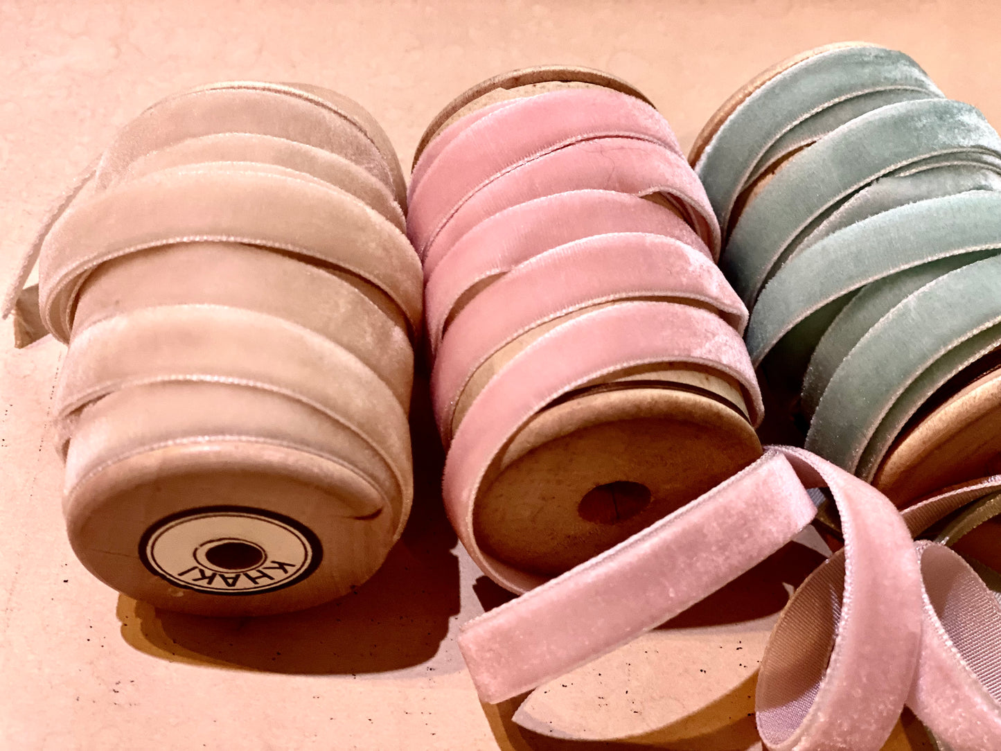 Pastel Palace collection of velvet ribbon on vintage spools.