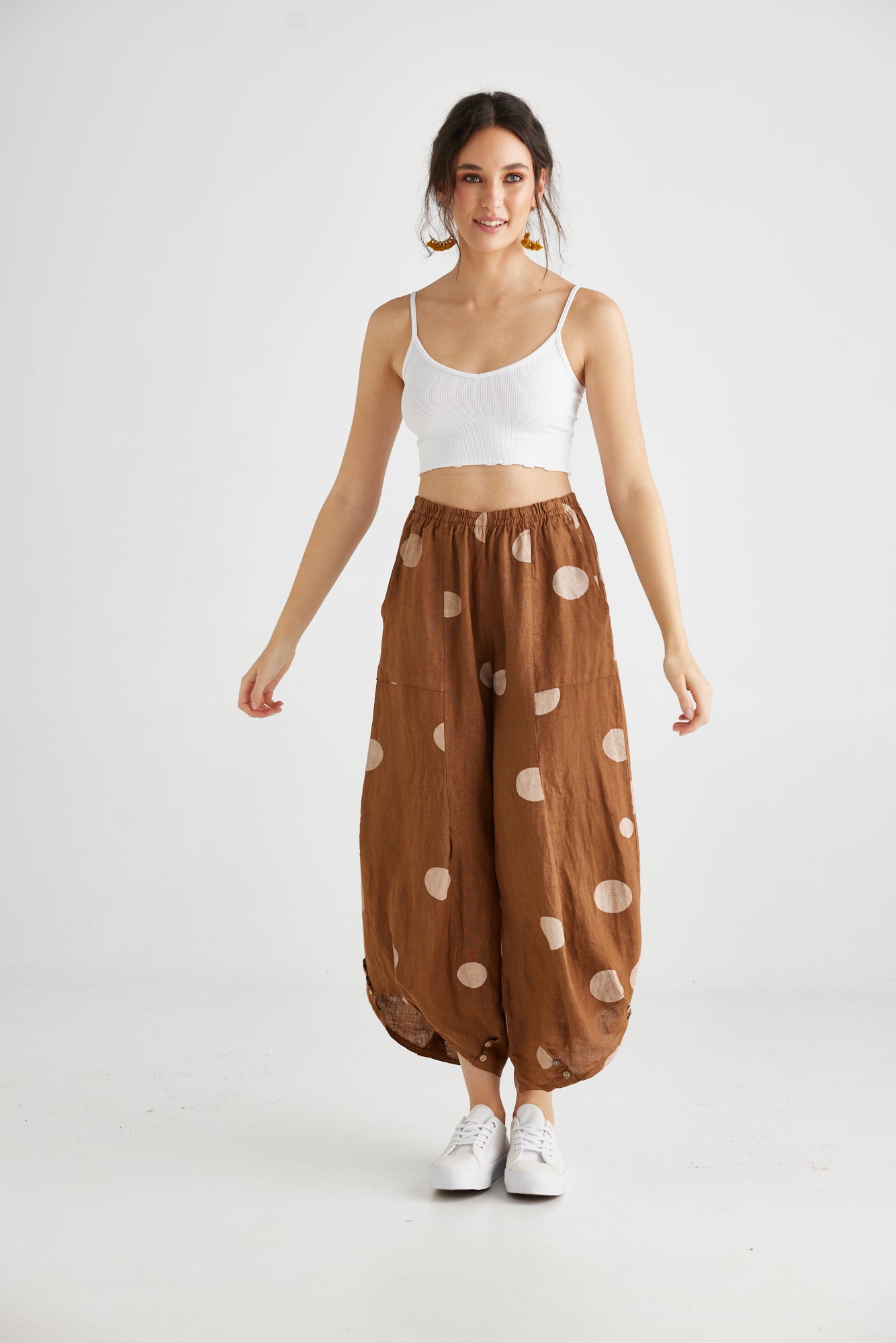 Lulu Linen Pants. Tobacco Polka dot