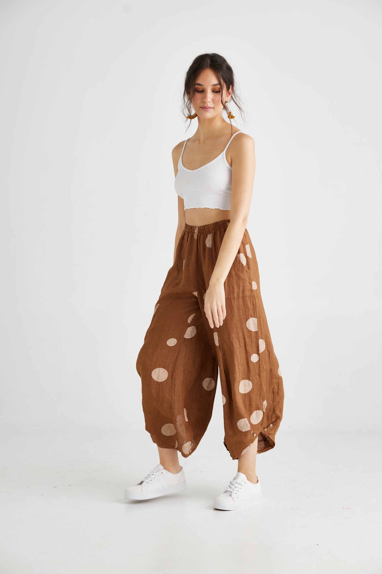 Lulu Linen Pants. Tobacco Polka dot